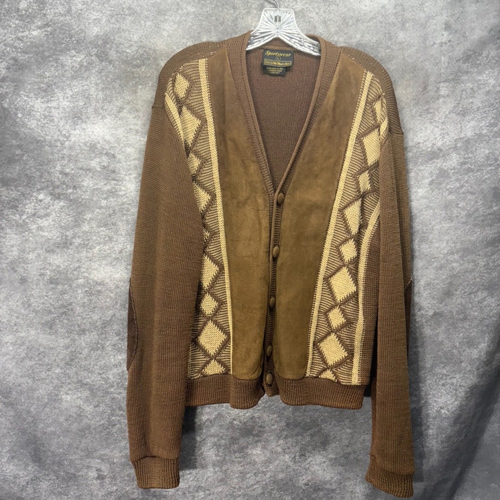 VTG 70s Sears Mens Store Wool Cardigan Size L Brown Diamond Suede Elbow Patches